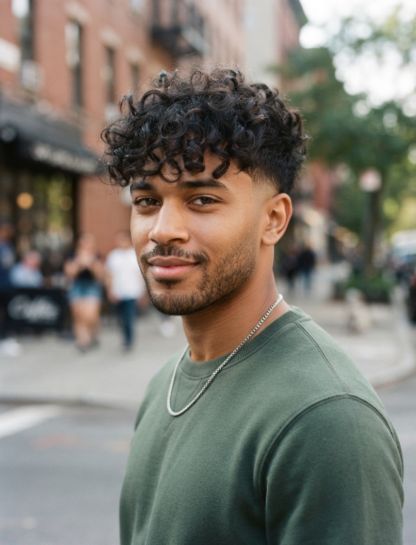 Low Taper Fade Fringe Curly Hair