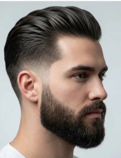 Low Taper Fade Slick Back with Beard