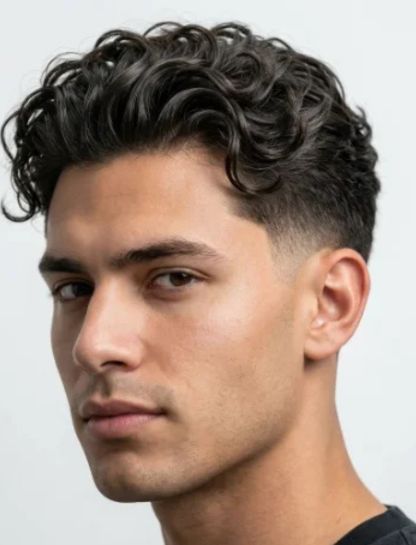 Low Taper Fade Slick Back with Curly Hair