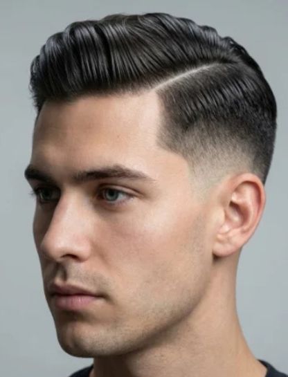 Low Taper Fade Slick Back with Hard Part