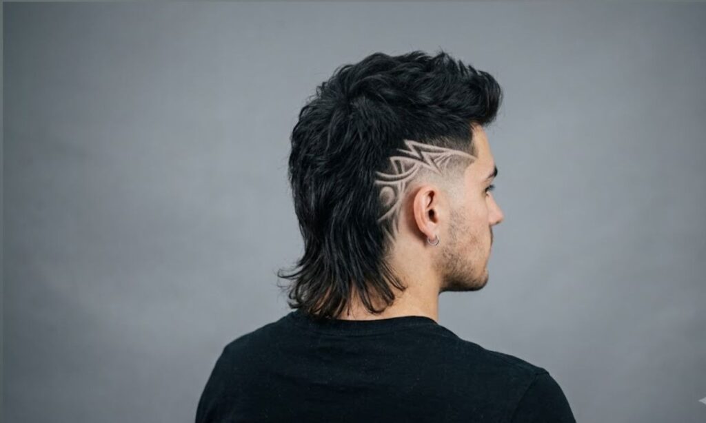 Low Taper Fade Mullet with Design