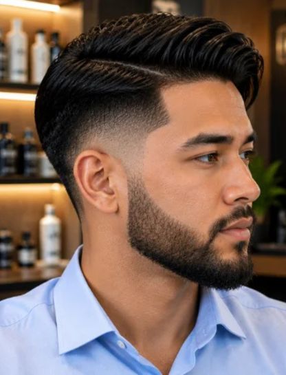 Burst Fade Comb Over with Beard