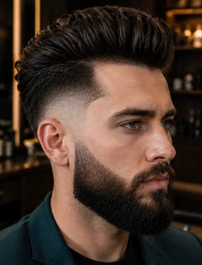 Burst Fade Pompadour with Beard