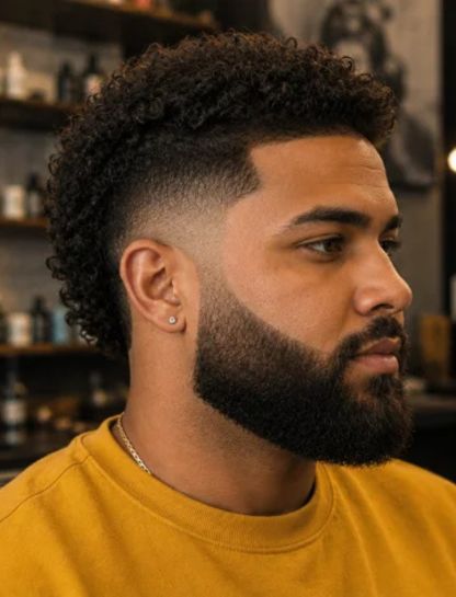Curly Burst Fade with Beard