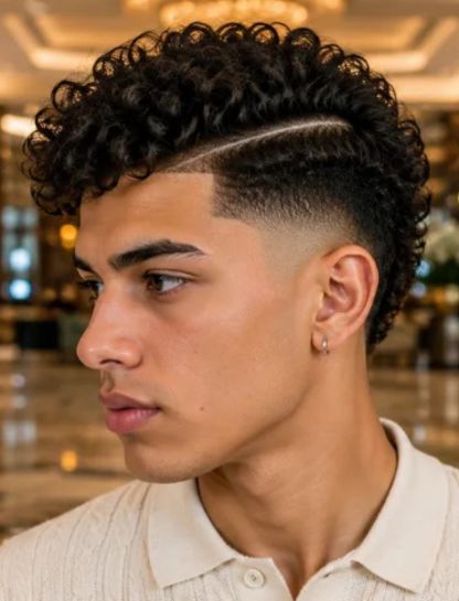 Curly Burst Fade with Side Part