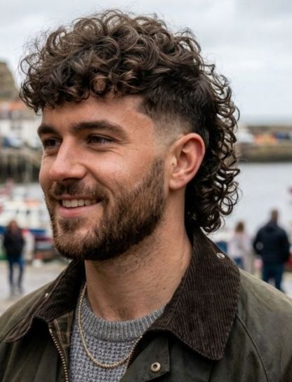 Curly Mullet with Low Taper Fade