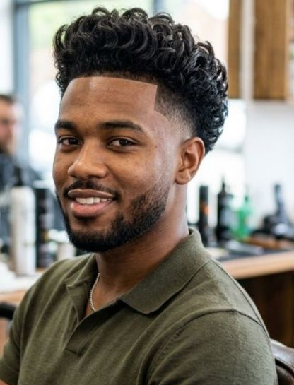 Curly Pompadour with Mid Taper Fade