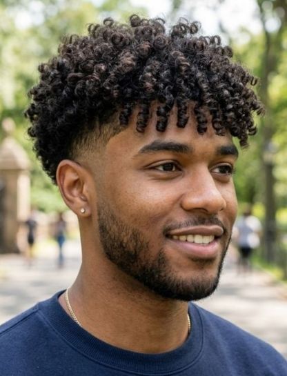 Low Taper Fade with Curly Fringe (Bangs)