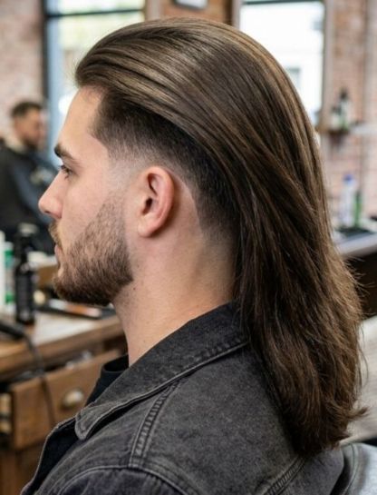 Low Taper Fade with Long Straight Hair