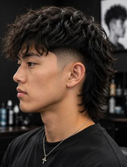 Wavy Hair Burst Fade Mullet