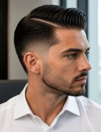 Side Part Slick Back Burst Fade